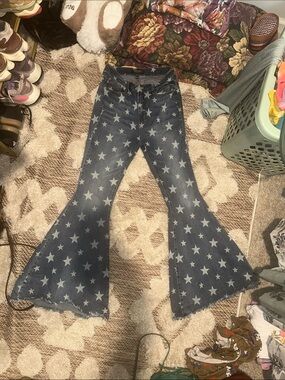 Judy Blue Star Print Flare Jeans - Dark Blue Denim High Rise. Long length